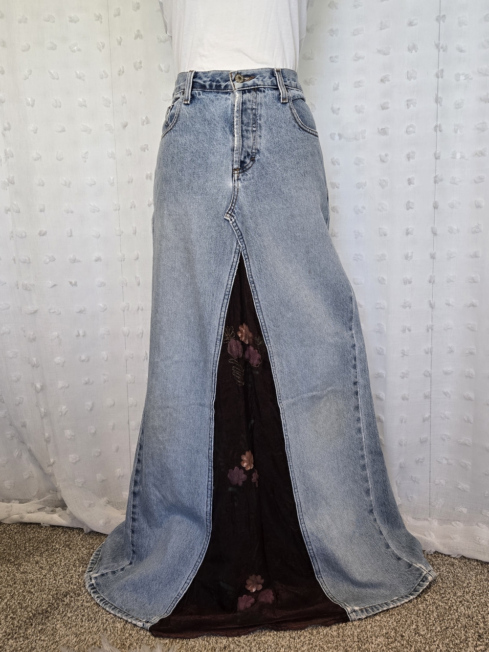 Vintage 90s American Eagle Light Wash Denim Maxi Skirt with Floral Panel
